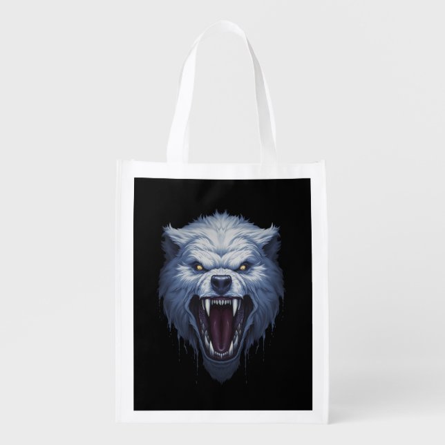 Fierce White Wolf Head Dark Fantasy Illustration Grocery Bag (Front)