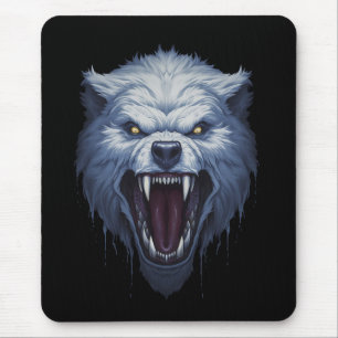 Fierce White Wolf Head Dark Fantasy Illustration Mouse Pad