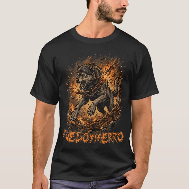 Fierce Wolf Breaking Chains Fire Iron Motivation T-Shirt (Front)