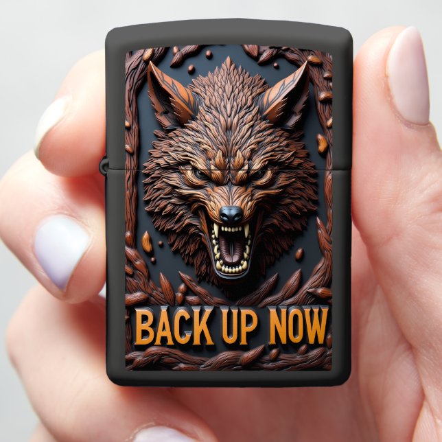 🐺 Fierce Wolf Head Brown Wood Zippo Lighter (In Hand)