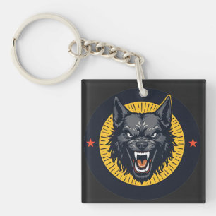 Fierce Wolf Illustration with Circular Design Keychain