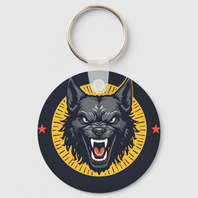 Fierce Wolf Illustration with Circular Design Keychain (Front)