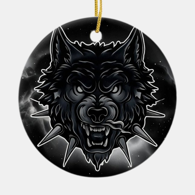 Fierce Wolf Illustration with Spiked Collar Ceramic Ornament (Front)