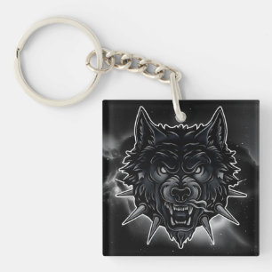 Fierce Wolf Illustration with Spiked Collar Keychain