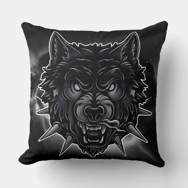 Fierce Wolf Illustration with Spiked Collar Throw Pillow (Front)