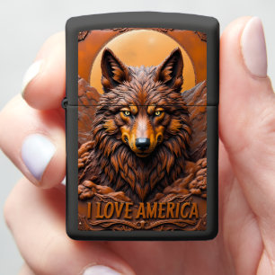 Fierce Wolf Portrait America Relief Zippo Lighter