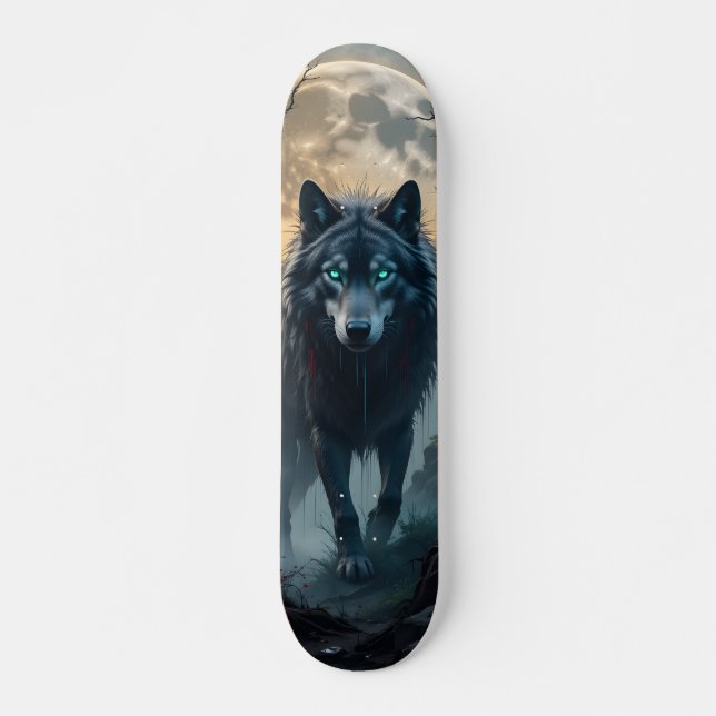 Fierce Wolf Skateboard under Full Moon (Front)