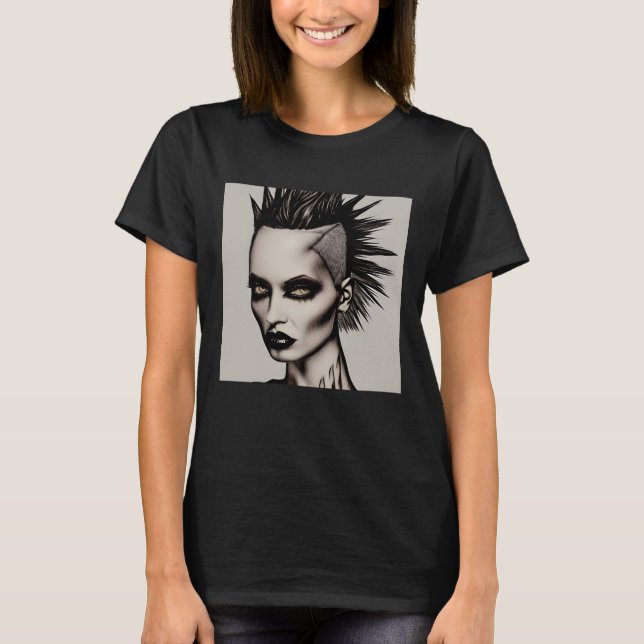 Fierce Woman in Mohawk and Piercings Gothic Punk   T-Shirt (Front)