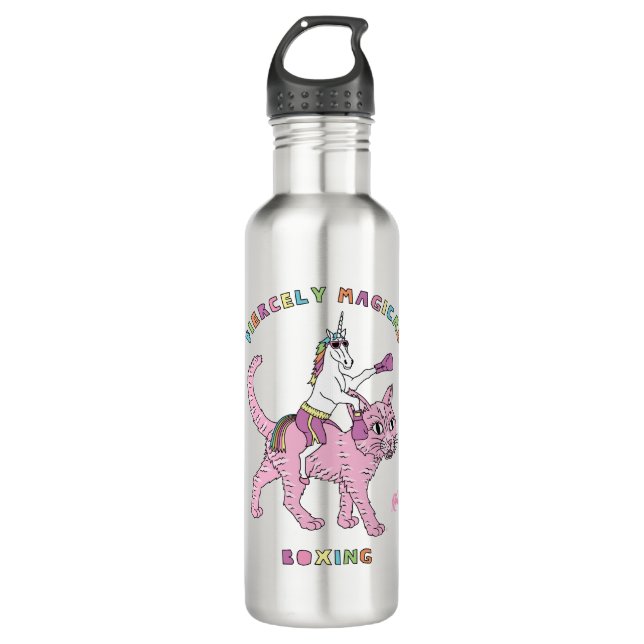 Fiercely Magical Boxing Unicorn Riding Cat Stainless Steel Water Bottle (Front)