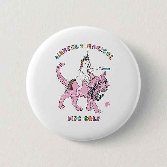Fiercely Magical Disc Golf Unicorn Riding Cat Button (Front)