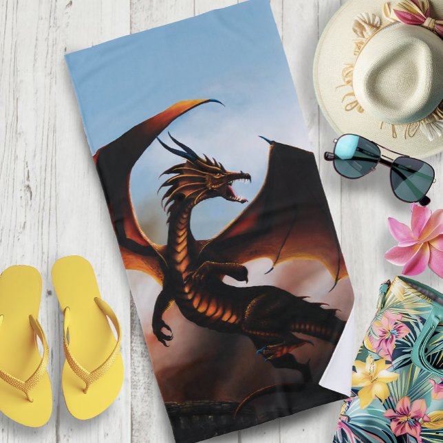 Fiery Amber Dragon Fantasy Beach Towel (Creator Uploaded)