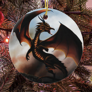 Fiery Amber Dragon Fantasy Ceramic Ornament
