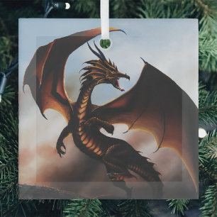 Fiery Amber Dragon Fantasy Glass Ornament