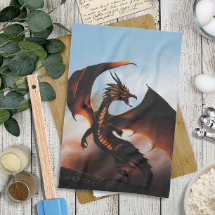 Fiery Amber Dragon Fantasy Kitchen Towel