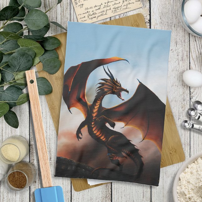 Fiery Amber Dragon Fantasy Kitchen Towel (Creator Uploaded)