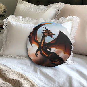 Fiery Amber Dragon Fantasy Round Pillow