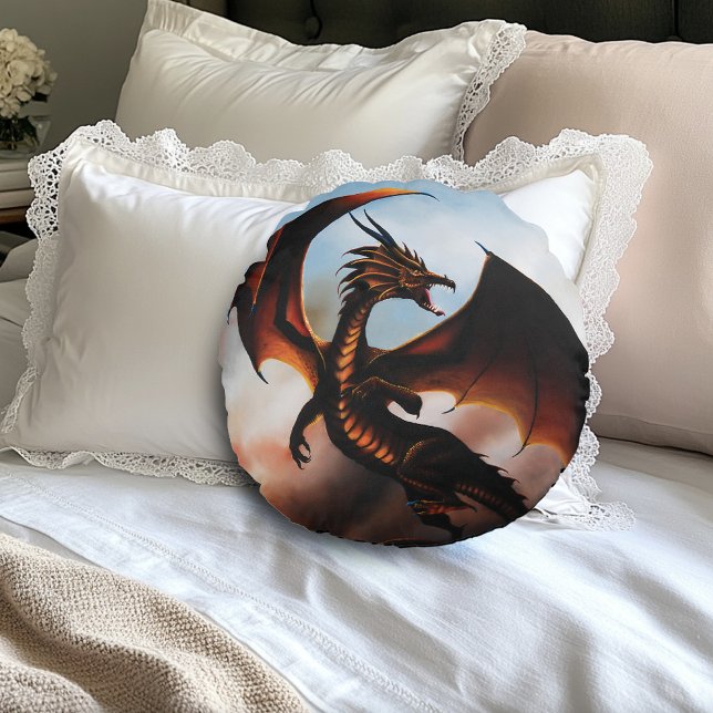 Fiery Amber Dragon Fantasy Round Pillow (Creator Uploaded)