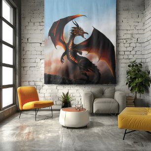 Fiery Amber Dragon Fantasy Tapestry