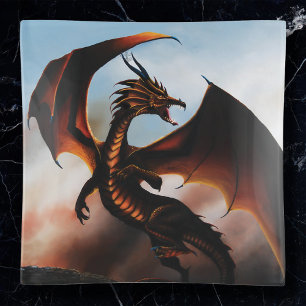 Fiery Amber Dragon Fantasy Trinket Tray