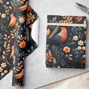 Fiery Autumn Elegance Wild Birds & Florals, Black Wrapping Paper