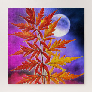 Fiery Autumn Leaves Against Luminous Full Moon Sky Jigsaw Puzzle