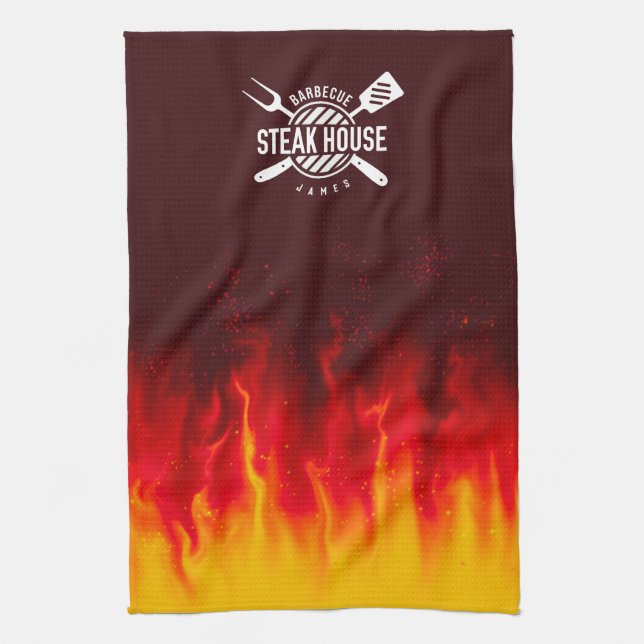 Fiery BBQ Kitchen Flames — Custom Steak House Towel (Vertical)