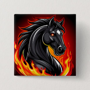 Fiery Black Horse Illustration with Glowing Eyes Button