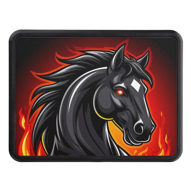 Fiery Black Horse Illustration with Glowing Eyes Hitch Cover (Front)