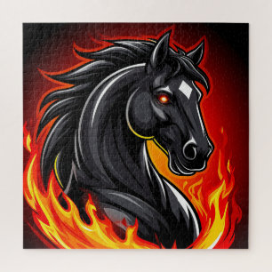 Fiery Black Horse Illustration with Glowing Eyes Jigsaw Puzzle