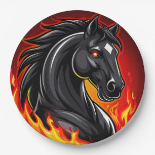Fiery Black Horse Illustration with Glowing Eyes Paper Plates