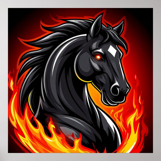 Fiery Black Horse Illustration with Glowing Eyes Poster (Front)