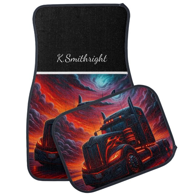 Fiery Black Semi Truck Sunset Car Floor Mat (Set)