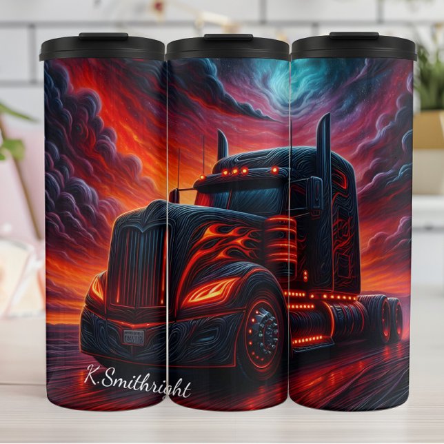 Fiery Black Semi Truck Sunset Thermal Tumbler (Creator Uploaded)