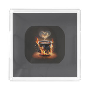 Fiery Christmas Coffee Cup with Heart Steam Art Acrylic Tray