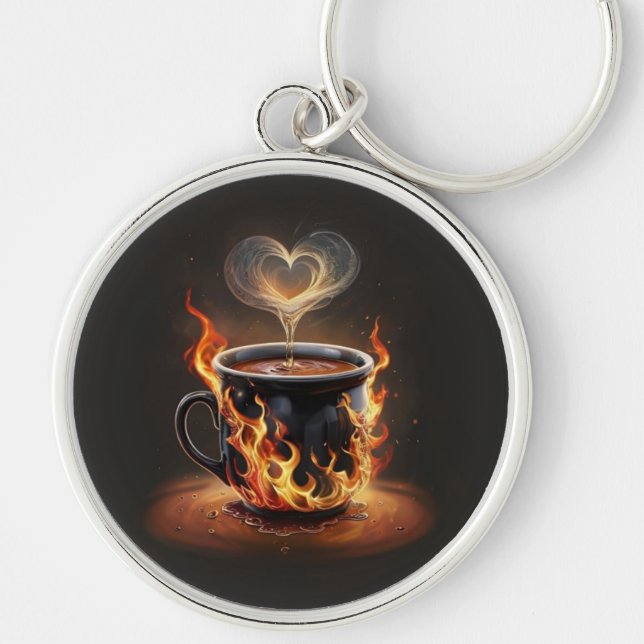 Fiery Christmas Coffee Cup with Heart Steam Art Keychain (Front)