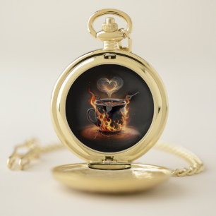 Fiery Christmas Coffee Cup with Heart Steam Art Pocket Watch
