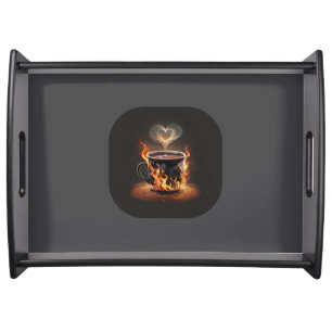 Fiery Christmas Coffee Cup with Heart Steam Art Serving Tray