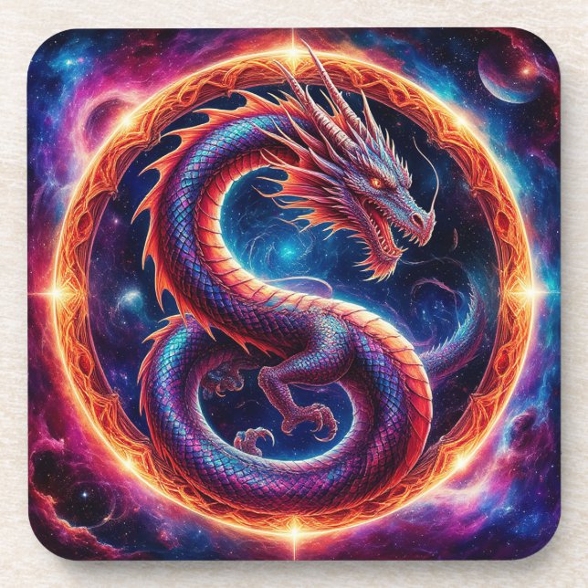 Fiery Cosmic Dragon Encircled by a Celestial Ring Beverage Coaster (Front)