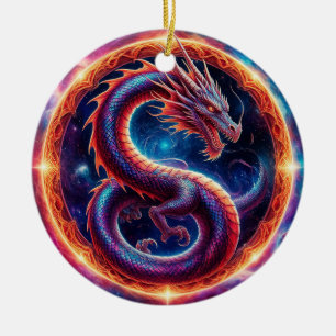 Fiery Cosmic Dragon Encircled by a Celestial Ring Ceramic Ornament