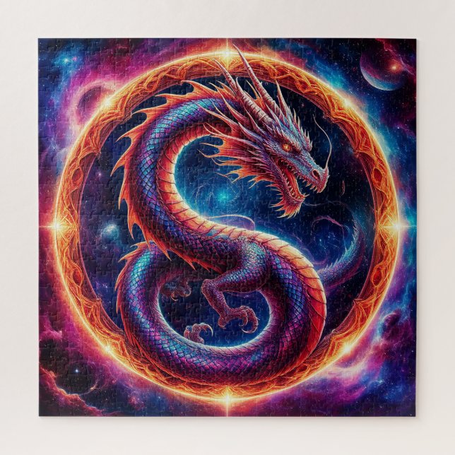 Fiery Cosmic Dragon Encircled by a Celestial Ring Jigsaw Puzzle (Vertical)
