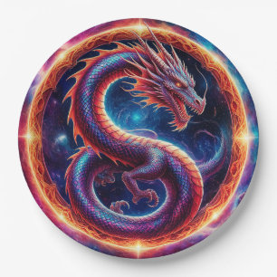 Fiery Cosmic Dragon Encircled by a Celestial Ring Paper Plates