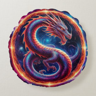 Fiery Cosmic Dragon Encircled by a Celestial Ring Round Pillow
