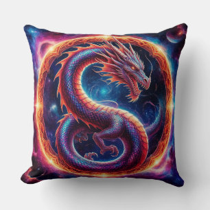 Fiery Cosmic Dragon Encircled by a Celestial Ring Throw Pillow