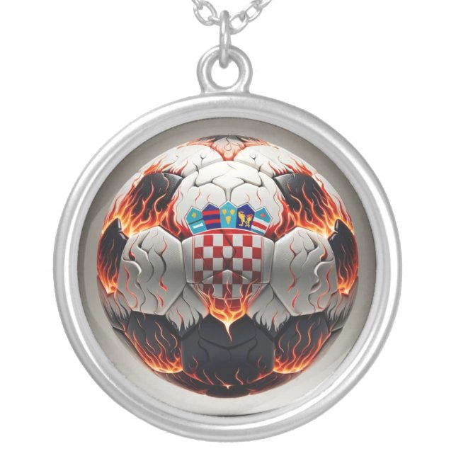 Fiery Croatian Soccer Ball   Silver Plated Necklace (Front)