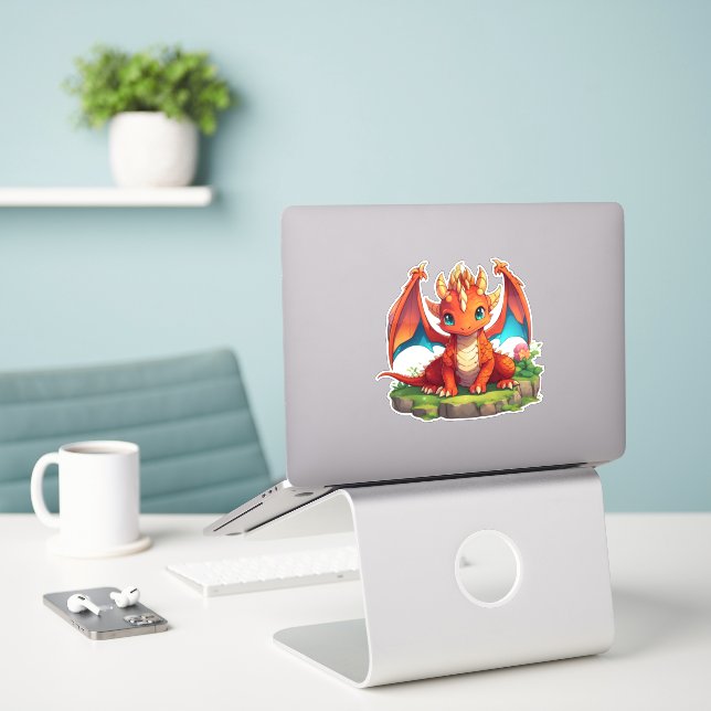 Fiery Cute Chibi Dragon Sticker for Laptops, Noteb (Laptop On Desk)