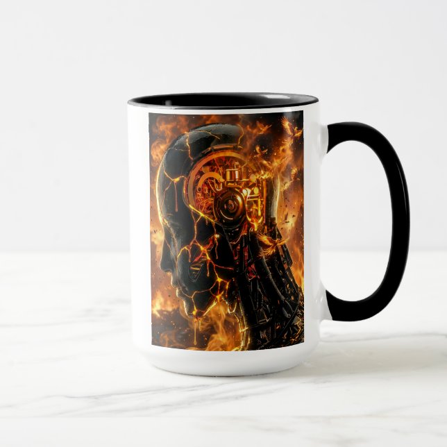 Fiery Cyborg Phoenix Glowing Mechanical Head Mug (Right)