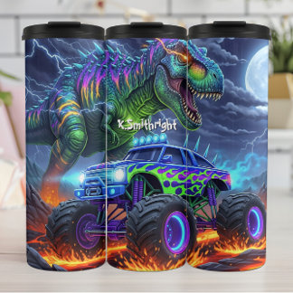 Fiery Dinosaur Monster Truck Battle Thermal Tumbler