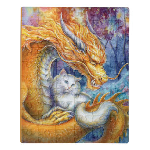 Fiery Dragon and White Cat in Mystical Forest Jigsaw Puzzle