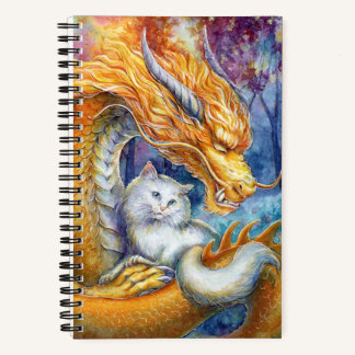Fiery Dragon and White Cat in Mystical Forest Notebook