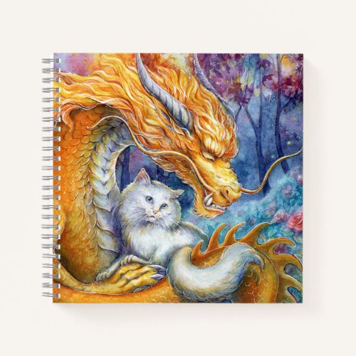 Fiery Dragon and White Cat in Mystical Forest Notebook